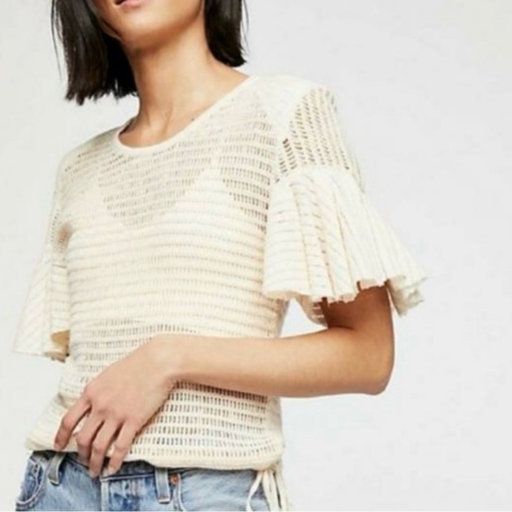 Free People Open Weave Cream Flutter Sleeve Blouse size S